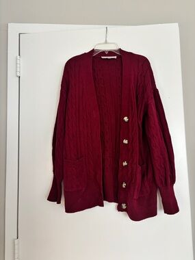 LOFT Burgundy Cable Knit Button-Front Cardigan
